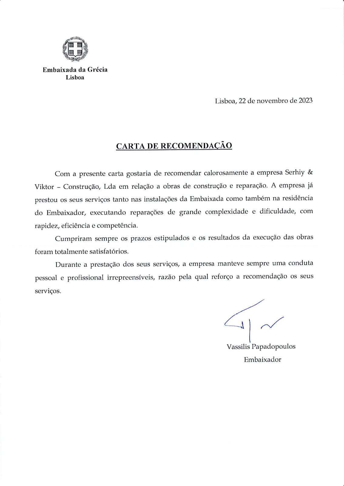 Recommendation letter from Cliente 11