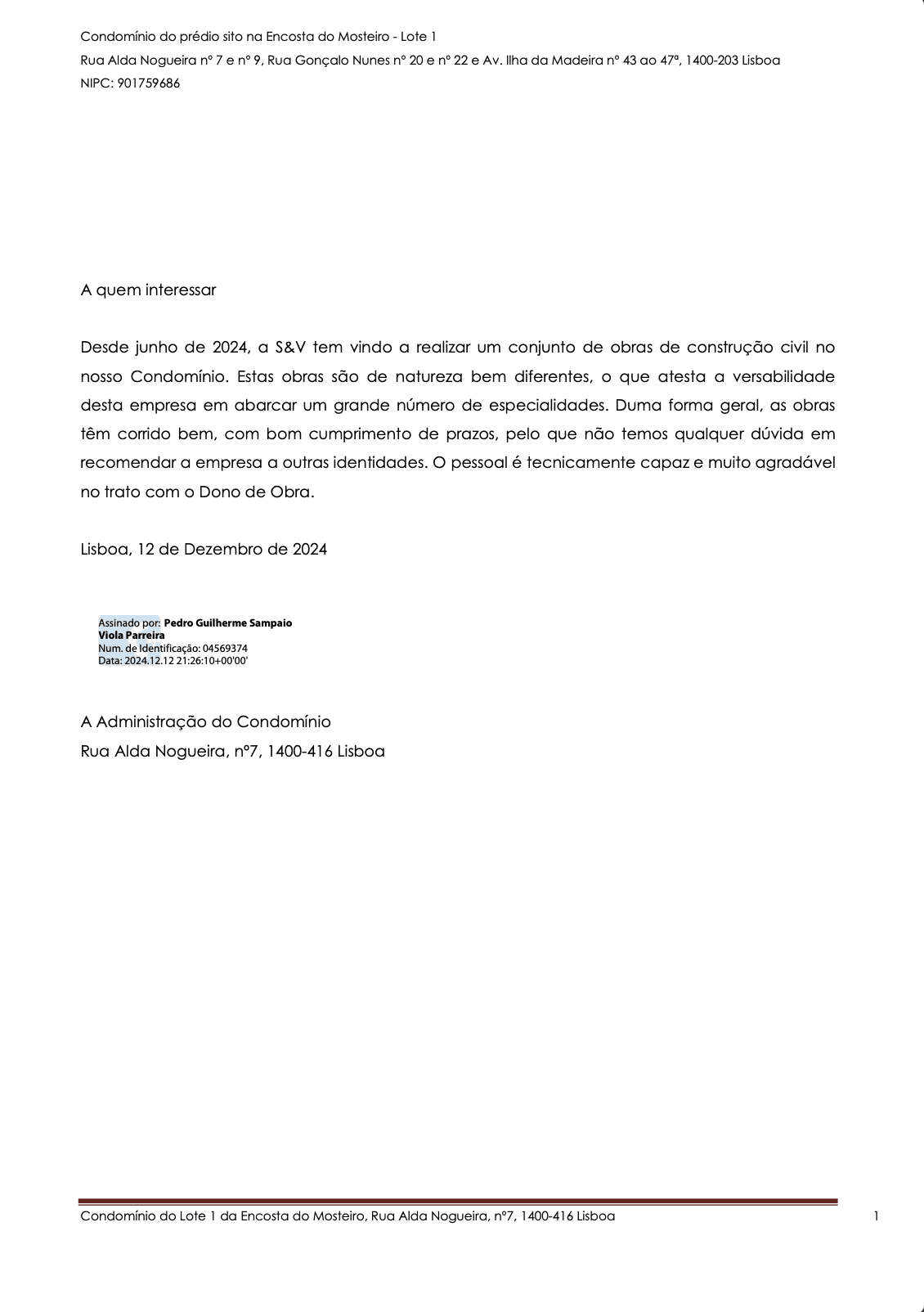 Recommendation letter from Cliente 6
