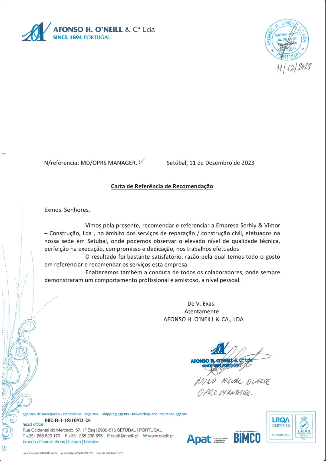 Recommendation letter from Cliente 9